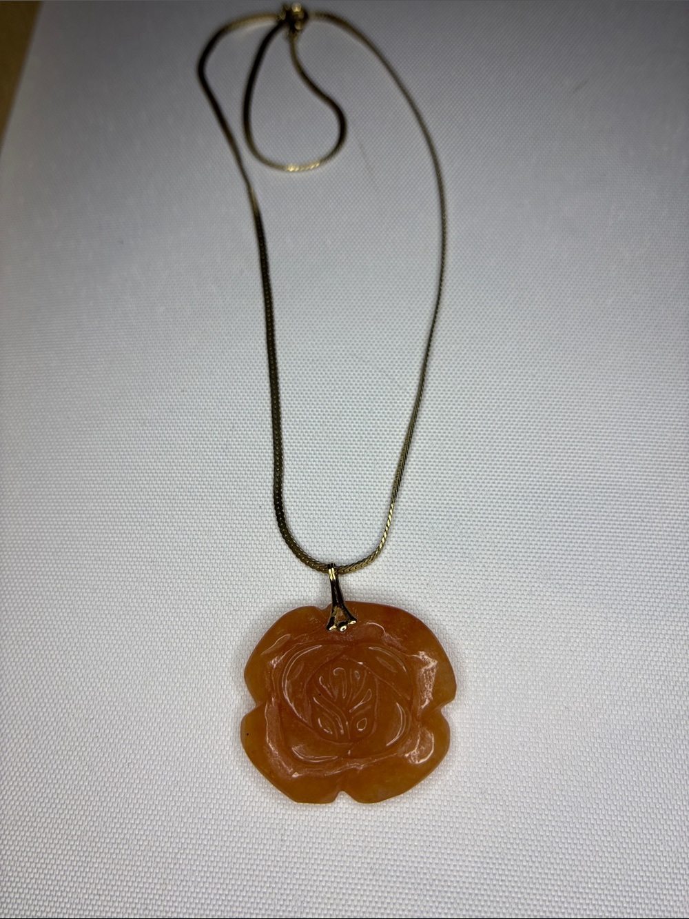 Orange carnelian carved rose pendant on vintage gold chain